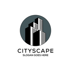 Fototapeta premium Apartment cityscape logo design, City town construction with circle vector, can be used as symbols, brand identity, company logo, icons, or others.