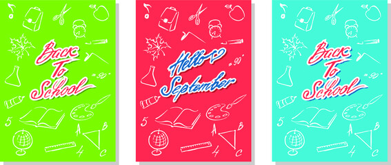 Naklejka premium Back to school, study, set with colored symbols: backpack, triangle, ruler, apple, pencil, book, palette, brush, paper clip, glue, scissors, globe, flask, angle, grades, numbers, root, alarm clock