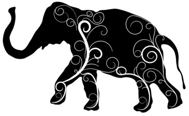 black and white elephant Vector Walking isolated line Flower pattren
