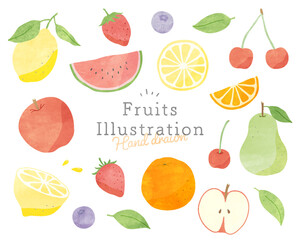 果物・フルーツの水彩風イラストのセット　果実　かわいい　イチゴ　リンゴ　オレンジ　スイカ　レモン