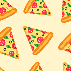 Pizza seamless pattern. Pieces of pizza on a light background. Vector flat pattern.