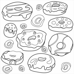 A set of delicious cartoon donuts. Chocolate, sprinkled with powdered, with colored glaze, donuts with sugar. Appetizer, Food. Bakery. A variety of food to decorate the kitchen or menu.