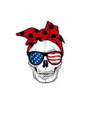 Cráneo con gafas de bandera americana y pañuelo negro y rojo