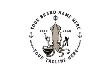 Vintage Retro Squid Cuttlefish with Bowl Chopsticks Spoon and Fork for Seafood Restaurant Logo Design Vector