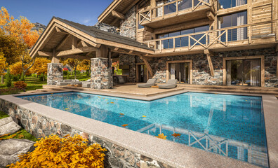 3d rendering of modern cozy chalet with pool and parking for sale or rent. Beautiful forest mountains on background. Massive timber beams columns. Clear sunny autumn day with golden leaves anywhere.