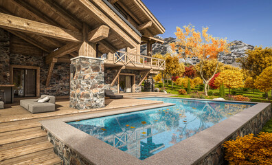 3d rendering of modern cozy chalet with pool and parking for sale or rent. Beautiful forest mountains on background. Massive timber beams columns. Clear sunny autumn day with golden leaves anywhere.