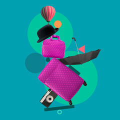Travelling. Creative static composition with suitbags and camera over dark green background.