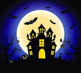 Halloween vector illustration. Happy Halloween banner background with bats, moon, castle, web, cemetery and pumpkins. Creepy night background.