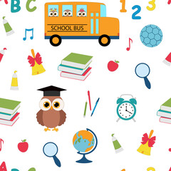Naklejka premium Seamless pattern school owls vector illustration. Education school supplies 
