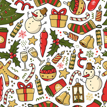 Christmas seamless pattern with doodles on white background for wrapping paper, textile prints, wallpaper, holiday decor, etc. EPS 10 © Натали Осипова