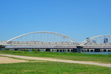 夏の淀川河川敷と橋