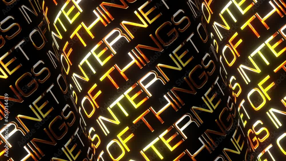 Poster internet of things gold text 3d tube pattern loop title on black background. 4k 3d seamless loop int