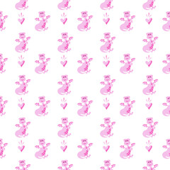 Pink-colored smiling girl Dinosaur cartoon pattern on a white background.Vector illustration flat design in seamless style For use as a fabric pattern, gift wrapping paper , kids card or wallpapers