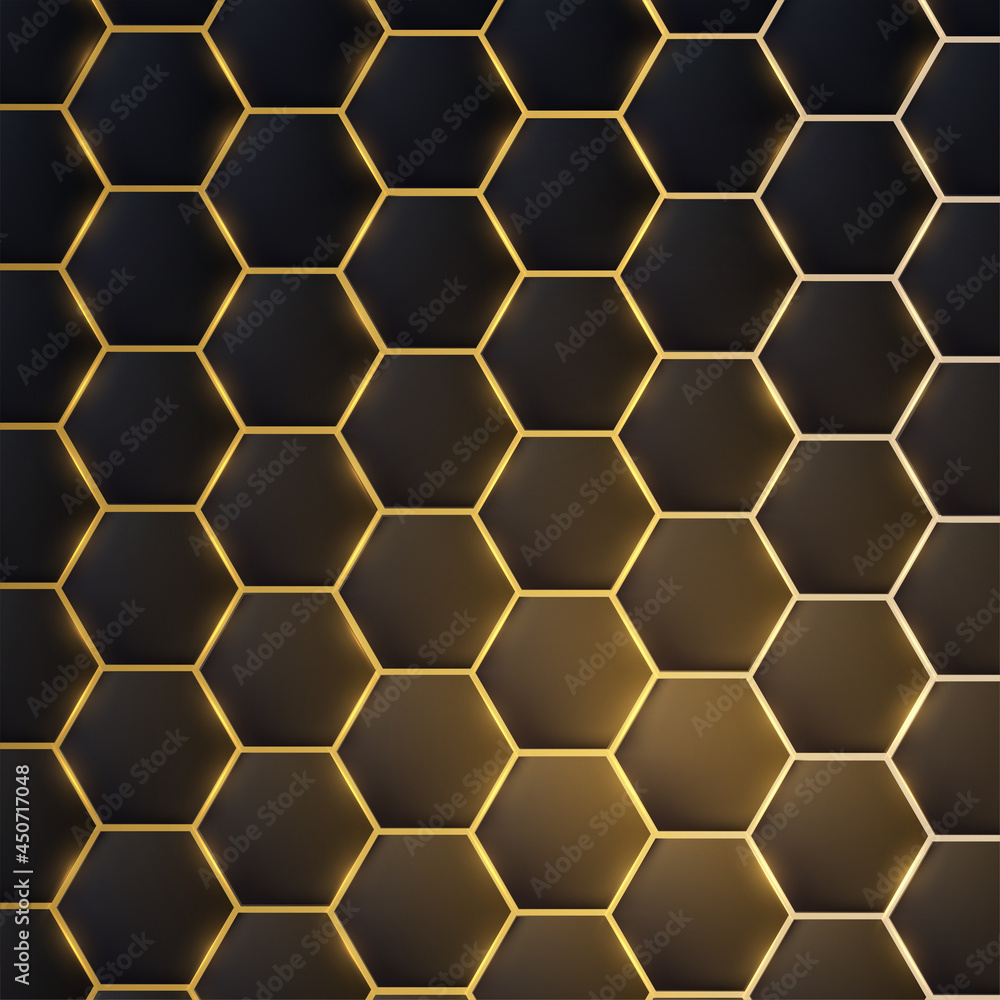 Poster dark realistic 3d texture of hexagon or honeycom, golden structure on black backdrop