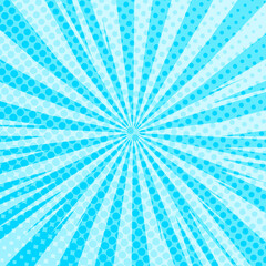 Obraz premium Pop art radial colorful comics book magazine cover. Striped blue digital background. Cartoon funny retro pattern strip mock up. Vector halftone illustration. Sunburst, starburst shape