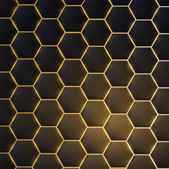 Dark realistic 3d texture of hexagon or honeycom, golden structure on black backdrop