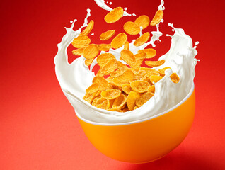 Corn flakes with milk splashes on red background