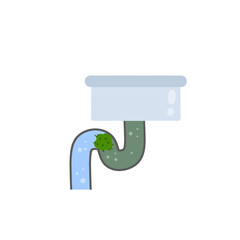 Blockage of pipe. Sink in bath and kitchen. Dirty tube. Water and garbage. Technical work. Broken sewer system. Blue washbasin. Plumbing and sanitary ware. Cartoon flat illustration