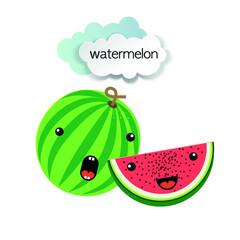 cute watermelon and watermelon slice and paper cut clouds. Template for poster, postcard, packaging.