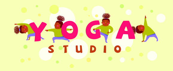 a dark-skinned girl does different yoga asanas. logo, poster for yoga studio.
