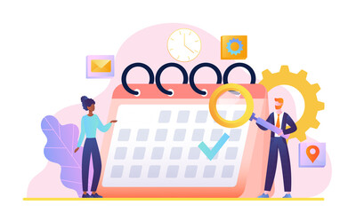 Male and female characers standing near calendar with magnifier. Concept of entrepreneurship and calendar schedule planning with filling course campaign. Flat cartoon vector illustration