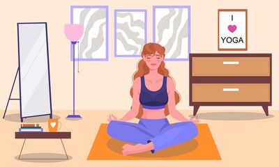 Young female character is practicing abdominal breathing. Relaxed woman practice deep breathing at home. Breath awareness exercise. Flat cartoon vector illustration