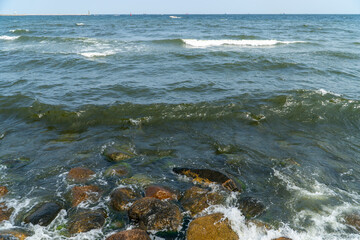 kamienisty brzeg przy falochronie, morze bałtyckie, Gdynia, kamienie w zielonych glonach