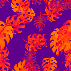 Yellow Monstera Textile. Violet Botanical Leaf. Orange Tropical Print. Purple Seamless Foliage. Neon Pattern Leaf. Pink Watercolor Painting. Summer Foliage.