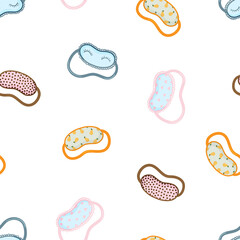 Sleeping mask vector seamless pattern. Sleeping night eye accessory blindfold relax in traveling illustration. Nighty sleepy face protection asleep flat cartoon design for poster, cards, textile