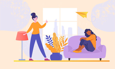 Obraz premium Female character is on mental healthcare about feelings, stress and depression. Concept of psychology therapy doctor session with confused patient. Flat cartoon vector ilustration