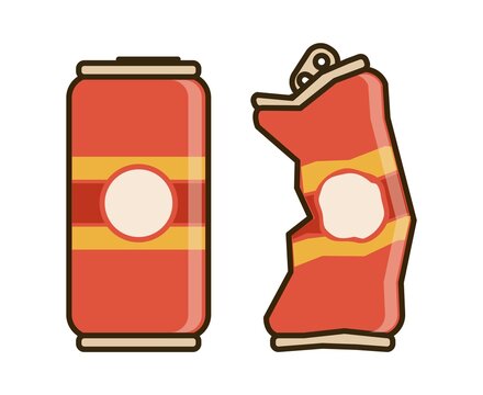 Red aluminum beverage can. Crumpled drink can. Vector illustration.