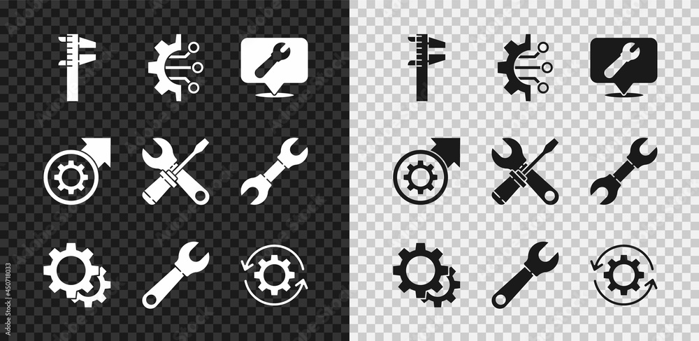 Poster set calliper or caliper and scale, algorithm, location with wrench spanner, gear, wrench, arrows as 