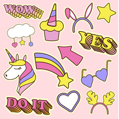 Brightly coloured doodle stickers. Unicorn, heart glasses, star, cupcake, circle hare, reindeer. Signs wow, yes, do it.
