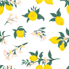 Summer tropical seamless pattern with colorful lemons and flowers.Vector citrus fruits background. Modern exotic floral design for paper, cover, fabric, interior decor and other users.