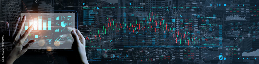 Poster finance content marketing concept and digital marketing with person hand using a smart digital table