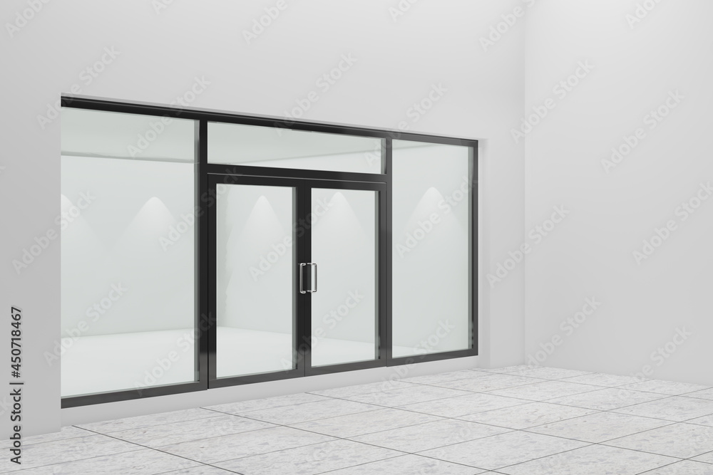 Poster an empty storefront of shop. design with black aluminuin and glass. 3d illustration rendering.