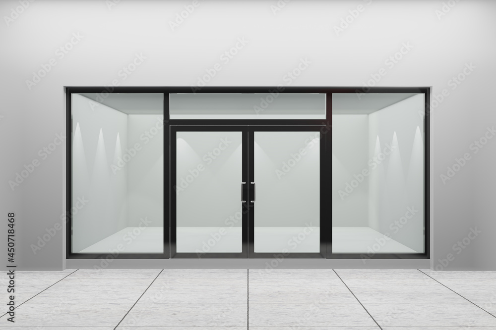 Poster front view of an empty storefront of shop. design with black aluminuin and glass. 3d illustration re