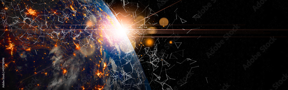 Poster Communication technology for internet business. Global world network and telecommunication on earth cryptocurrency and blockchain and IoT. Elements of this image furnished by NASA