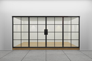 Front view of an empty storefront of shop. Design with black aluminuin and glass wood floor. 3D Illustration Rendering.