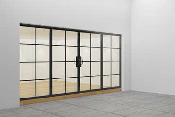 An empty storefront of shop. Design with black aluminuin and glass wood floor. 3D Illustration Rendering.