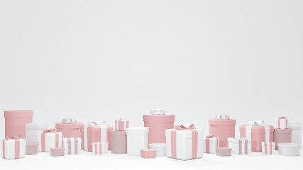 3D Rendering concept of set of wrapped present boxes in pink theme on white background for commercial design. Wrapped gift boxes. 3d Render.