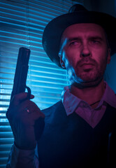 Suspicious private detective near the window with blinds, cinematic noir scene