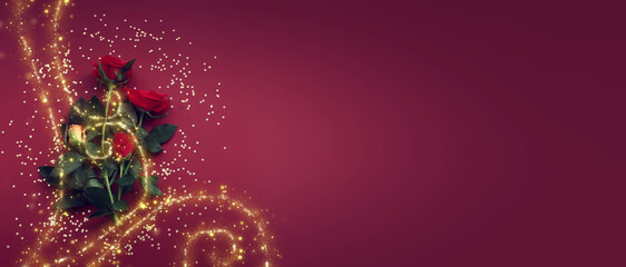 Red background with rose and gold glitter stars and lights. Top view. banner