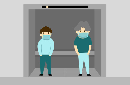 maintain social distancing of people while standing in the lift,  new normal life, flat vector illustration