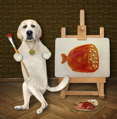 A dog labrador artist with a paintbrush paints a piece of sausage on a canvas on an easel in its...