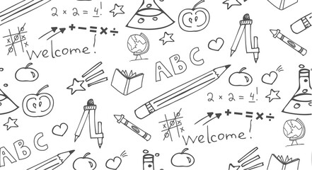 seamless pattern with hand drawn school, doodles and back to school, very cute elements and pencils