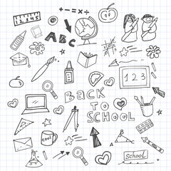Hand drawn doodles with school elements, back to school for the start of the school year with paper background