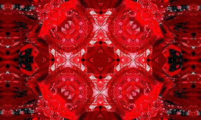 Kaleidoscope background. Abstract fractal shapes. Beautiful satanic kaleidoscope texture. Fantasy chaotic colorful fractal pattern. Unique kaleidoscope design. Inferno sign of the devil.