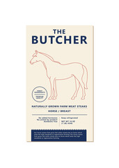 Vector design template label for packaging with illustration silhouette - farm horse. Abstract symbol for meat products.
