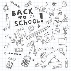 Hand drawn doodles with school elements, back to school at the beginning of the school year with paper background, stars
